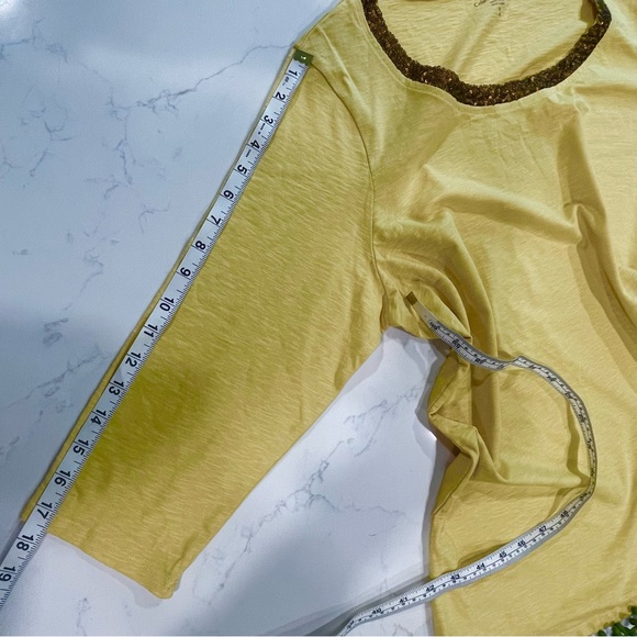 Coldwater Creek Heather Yellow 3/4 Sleeve Cotton Shirt with Brown Sequin Collar - Picture 8 of 10